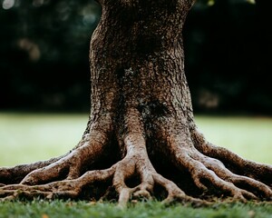 An old tree trunk with roots exposed in a green grassy area