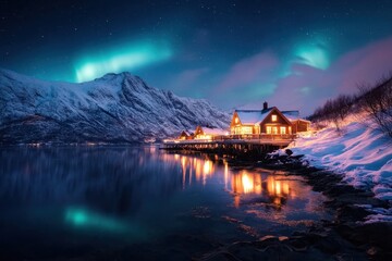 Fototapeta premium Northern lights illuminating famous landmarks over serene lake in norway stunning nighttime landscape photography showcasing nature's beauty