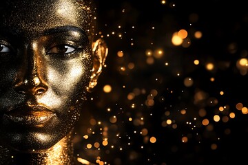 A glamorous portrait shows a person with gold textured skin