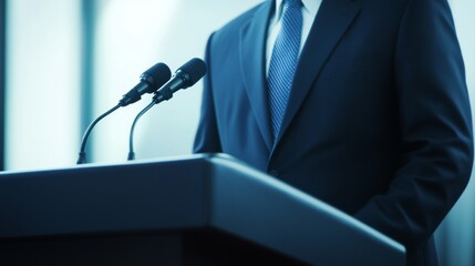 Serious politician speaking at press conference podium with microphone, intense expression during public speech, political leader addressing media, government official making statement