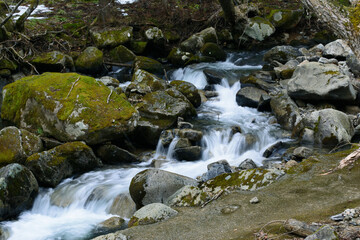 Fototapeta premium 兵庫県・千草川上流のなごり雪溶け水量が増える 