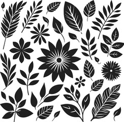 Fototapeta premium Elegant black Minimalist drawing of flowers with leaves, flower silhouette vector illustration