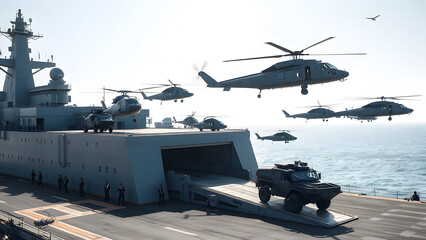 Amphibious Warfare Vessels and Rotary Aircrafts displaying Naval Deployment on the Sea