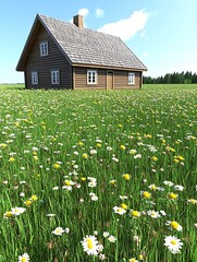 Wooden cabin standing amidst a field of flowers under a blue sky