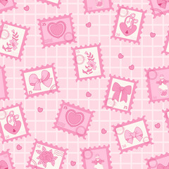 Pink Coquette Seamless Pattern. Romantic Postage Stamps with Ribbon Bow, Rose and Vintage Heart, Lock, Magic Potion on checkered background. Girly Vibe. Trendy aesthetic template. Vector illustration