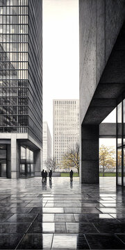 Fototapeta Rainy Day Cityscape: Gray Modern Buildings and Reflective Streets
