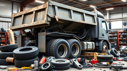 Heavy-Duty Dump Truck Undergoing Maintenance in an Automotive Repair Shop
