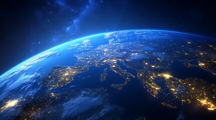 Illuminated Earth at Night Shows Cities and Celestial Elements