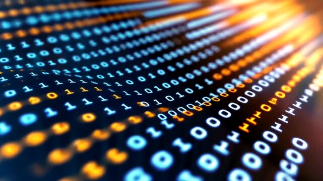 Abstract representation of binary code flowing through a digital landscape, symbolizing data processing and technology - Powered by Adobe
