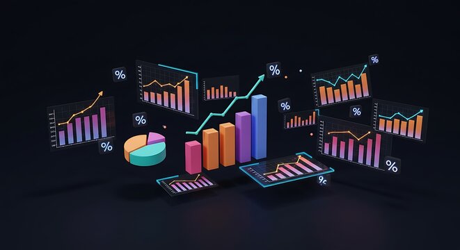3D Statistical Data Visualization in Futuristic Neon Colors Mathematics and Statistics Awareness Month