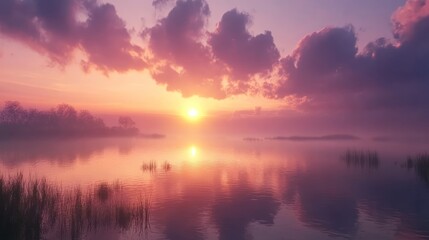 Naklejka premium Sunrise Mist Lake Calm Peaceful Dawn