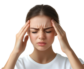 young woman with headache isolated on white