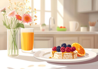 healthy breakfast with muesli and fruits and berries. Vector illustration 