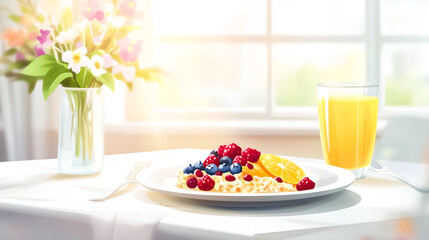 healthy breakfast with muesli and fruits and berries. Vector illustration 