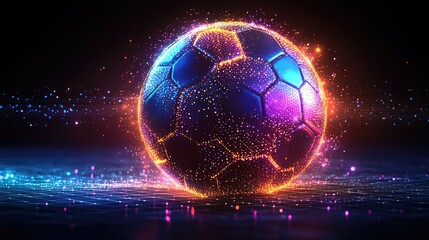 Minimalist abstract logo featuring a soccer ball glowing in blue and purple hues on a dark background, enhanced with lines, stars, and a hologram effect for a modern and dynamic visual impact.
