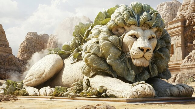 Majestic lion statue adorned with lush cabbage, rests in a desert landscape. - Powered by Adobe