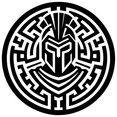 Ancient Warrior Shield: A stylized emblem depicting a Spartan warrior helmet within a circular maze, symbolizing courage, strategy, and the complexities of life.