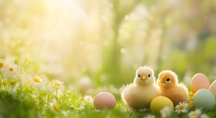 Multicolored Easter eggs, daisies and small yellow chickens on a grass background.