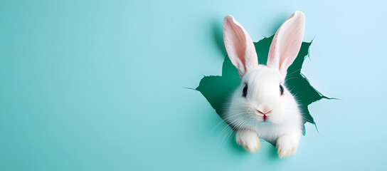 A white rabbit peeking out of a hole in a turquoise background.