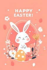 Illustration of a white rabbit and colorful Easter eggs with flowers and the inscription &ldquo;Happy Easter!&rdquo;.