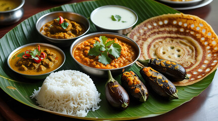 Andhra Spicy Meals – A fiery Andhra thali on a banana leaf with spicy gongura chutney, pappu (dal), ghee rice, gutti vankaya (stuffed brinjal), and crispy pesarattu dosa, served with  buttermilk