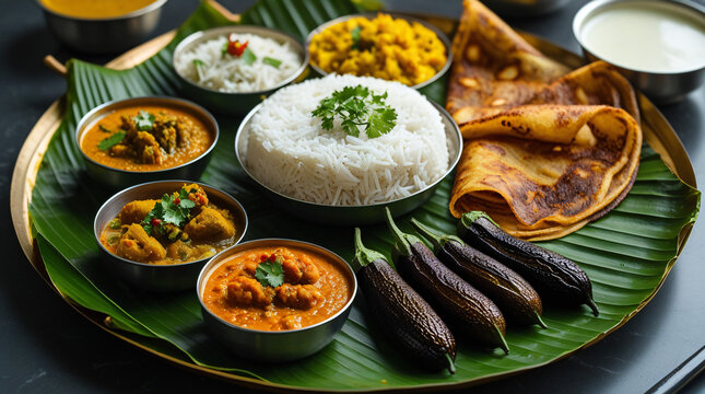 Andhra Spicy Meals &ndash; A fiery Andhra thali on a banana leaf with spicy gongura chutney, pappu (dal), ghee rice, gutti vankaya (stuffed brinjal), and crispy pesarattu dosa, served with  buttermilk