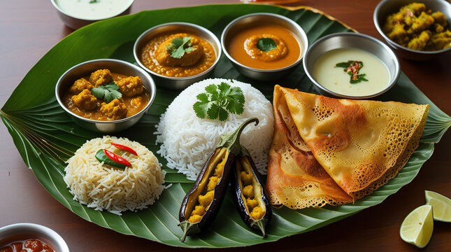 Andhra Spicy Meals &ndash; A fiery Andhra thali on a banana leaf with spicy gongura chutney, pappu (dal), ghee rice, gutti vankaya (stuffed brinjal), and crispy pesarattu dosa, served with  buttermilk
