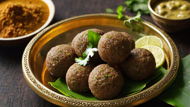 Ragi Mudde & Soppu Saaru &ndash; Karnataka&rsquo;s nutritious millet balls (ragi mudde) placed in a brass plate, paired with a bowl of spicy leafy green curry (soppu saaru), Souh indian dish