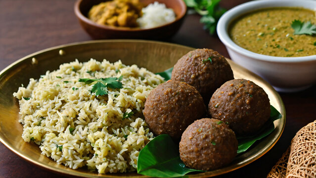 Ragi Mudde & Soppu Saaru &ndash; Karnataka&rsquo;s nutritious millet balls (ragi mudde) placed in a brass plate, paired with a bowl of spicy leafy green curry (soppu saaru), Souh indian dish