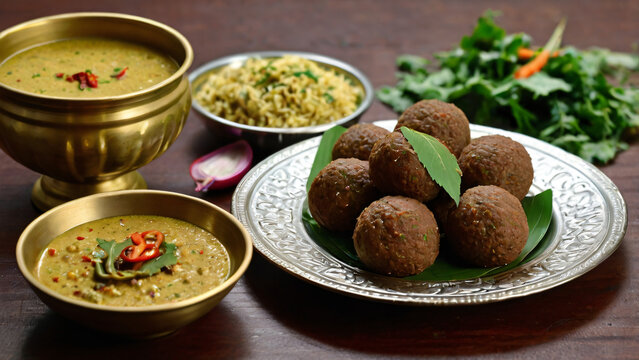 Ragi Mudde & Soppu Saaru &ndash; Karnataka&rsquo;s nutritious millet balls (ragi mudde) placed in a brass plate, paired with a bowl of spicy leafy green curry (soppu saaru), Souh indian dish