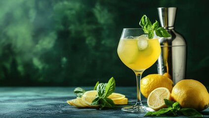 Refreshing Yellow Citrus Basil Cocktail Recipe: A Zesty Summer Drink with Ice Cubes, Garnish, and Cocktail Shaker
