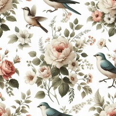 flowers and birds seamless watercolor pattern vintage retro