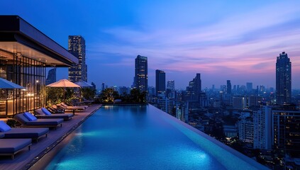 Obraz premium Infinity Rooftop Pool with City Skyline at Twilight