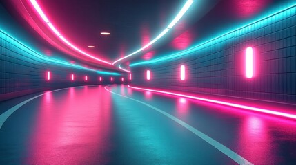 Neon tunnel road, vibrant lights, futuristic city, background blur, gaming backdrop