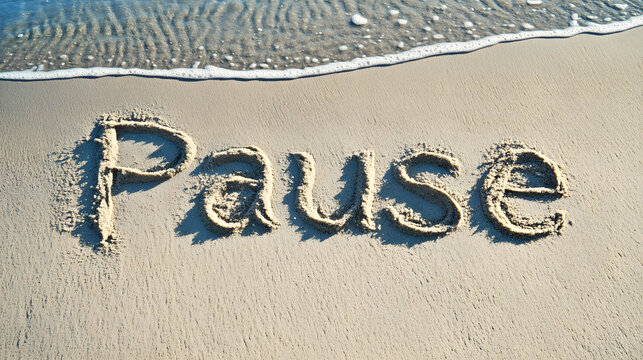 The word "Pause" is drawn on the sand, and a sea wave is approaching the inscription.