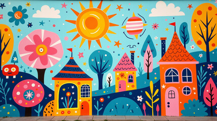Obraz premium Colorful mural on the side of a building. The mural is painted in a cartoon-like style with bright colors and intricate details.