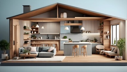 House cross section, view on bathroom, kitchen and living room, 3d illustration