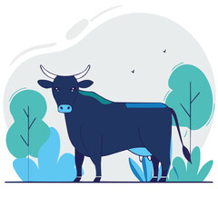 Serene Bovine in Nature's Embrace: A majestic, stylized illustration presents a calm cow amidst a backdrop of stylized trees and foliage