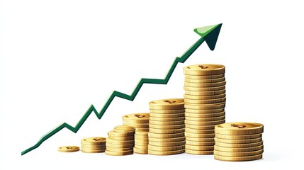 Gold Coins Representing Growth with Green Upward Trend