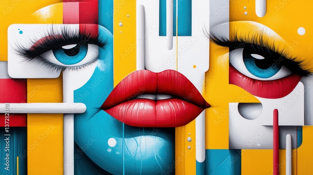 Poster vibrant abstract portrait of a woman's face featu bold colors and geometric shapes creating a modern