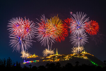 Fireworks sparkling in dark sky above the royal palace on the hill at Phra Nakhon Khiri, Khao Wang, Phetchaburi