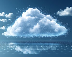 A digital cloud computing concept rendered in a clear blue sky