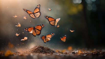 Monarch butterflies emerging from earth