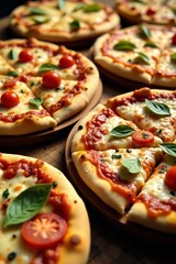 Colorful assortment of traditional pizzas with fresh toppings, menu, Italian, gourmet