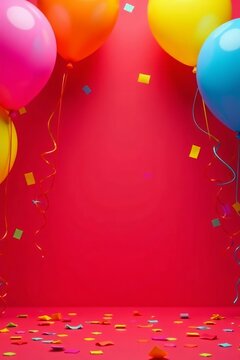 Colorful balloons and confetti on vibrant red birthday background, confetti, celebration