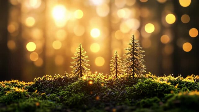 A serene forest scene with moss and tiny trees illuminated by soft sunlight.