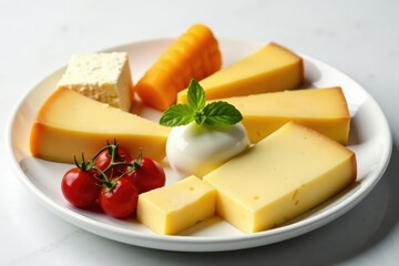 Elegant cheese plate, gourmet cheeses, white backdrop , white, isolated