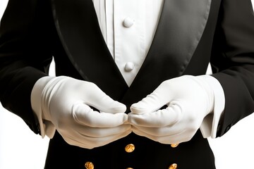 Man adjusting his tuxedo, wearing white gloves. Formal event anticipation, professional service, luxury concierge or waiter greeting guest for holiday party, new year, christmas