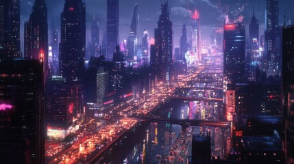 Illuminated futuristic cityscape with skyscrapers bridges and bustling traffic at night. Ironscape. Illustration illustration