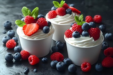 Delicious Berry Topped Yogurt Cups with Fresh Mint on Dark Background